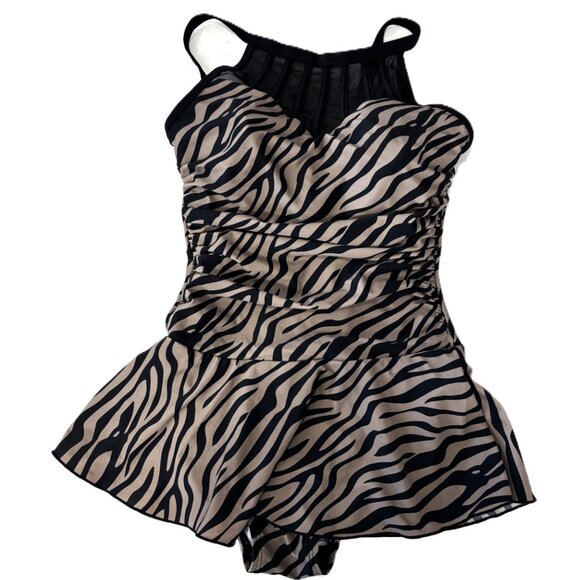 Alisha Levine Swim dress Tan Blk Zebra Stripe A-Line Skirt Size 8 - Picture 5 of 14